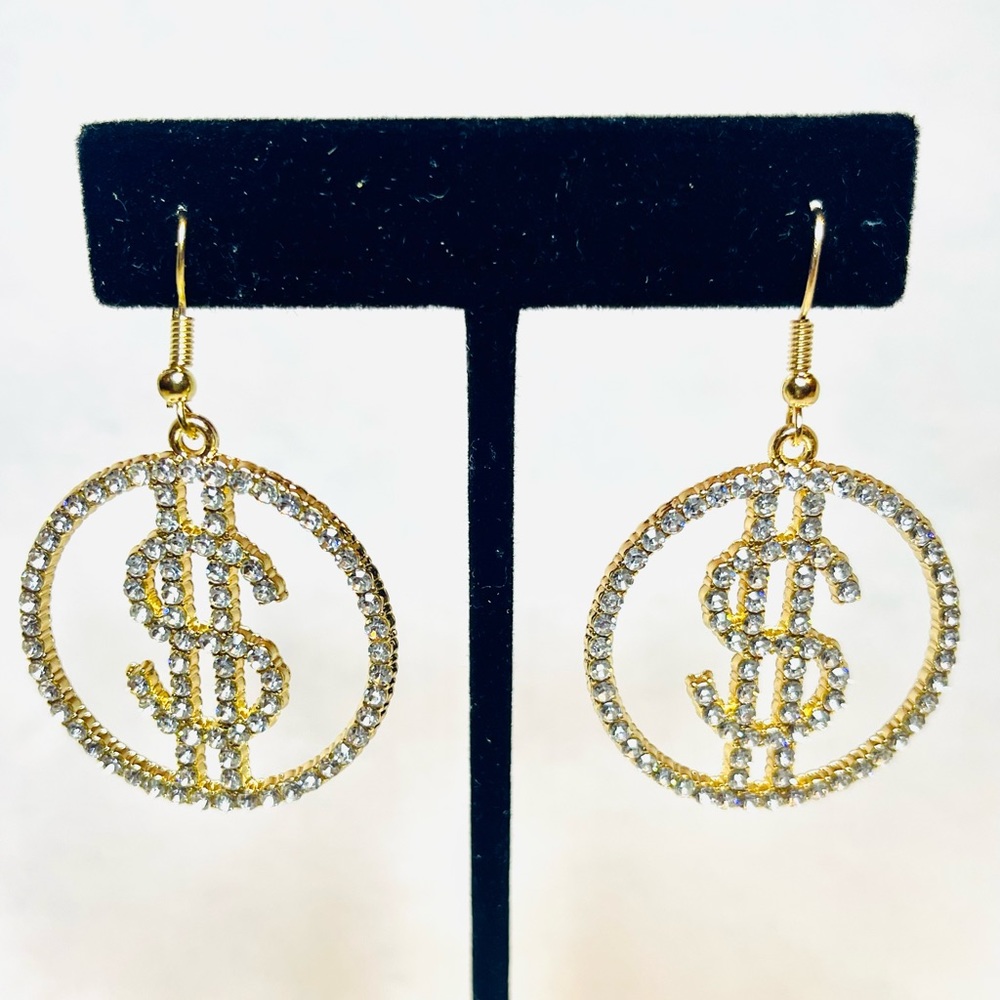 Ladies Rhinestone Gold Tone Dollar Sign Round